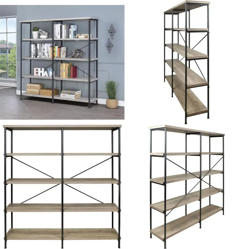 Bibliothèque double à 4 niveaux de style industriel rustique avec bois d'ingénierie écologique pour le bureau et le rangement à domicile