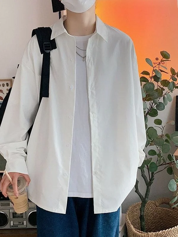 

Мужская свободная рубашка с длинным рукавом в корейском стиле, однотонная, весна-осень, японский свободный крой, повседневная рубашка с воротником M, рубашка-куртка