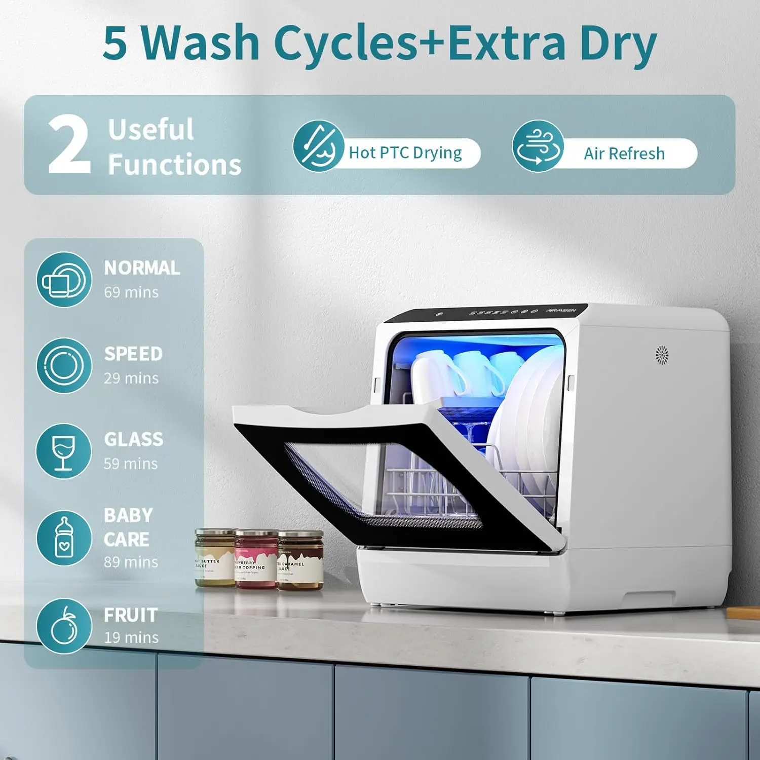 5 Washing Programs Mini Dishwashers with 5 L Built-in Water Tank