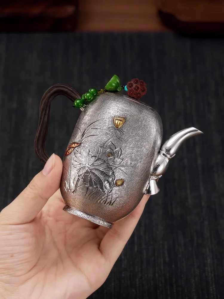 Pure Silver 99.9% Tea Pot Chinese Style Snacks Lotus Pond Yaqu Household Tea Ceremony Gift Silver Tea Set Silver Pot