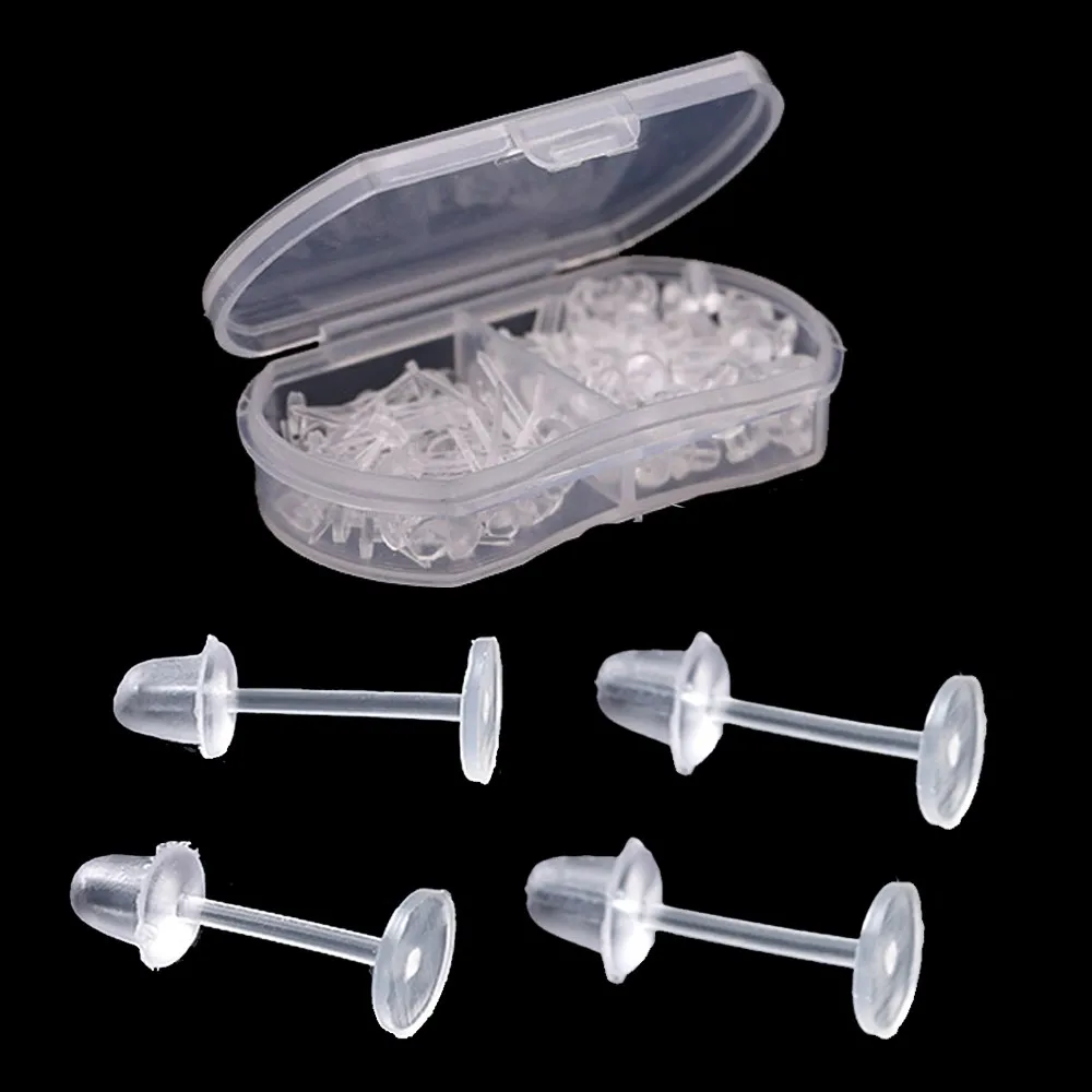 100pcs White Hypoallergenic Earrings Plastic Clear Ear Pins Needle and Resin Earring Backs DIY Earrings Accessories Sports Work
