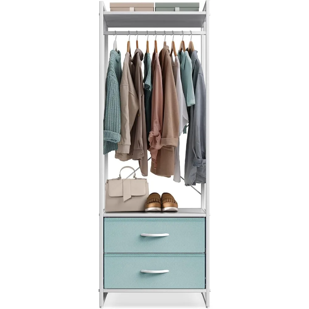 

Premium Cothing Rack with Drawers - Heavy Duty Wardrobe Closet with Metal Frame & Wooden Top - 70Inch Tall Garment Rack- Lightw