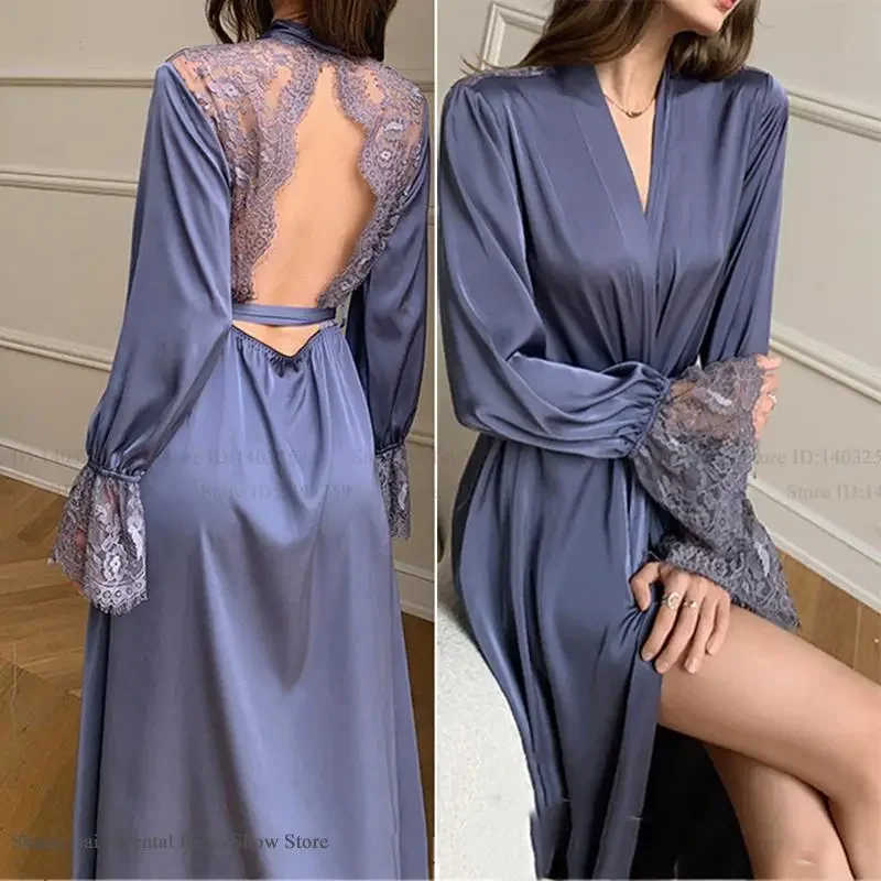 

Women Long Kimono Bathrobe Nightgown Sexy Backless Lace Bride Wedding Robe Dress Ice Silk Female Sleepwear Loungewewar Homewear