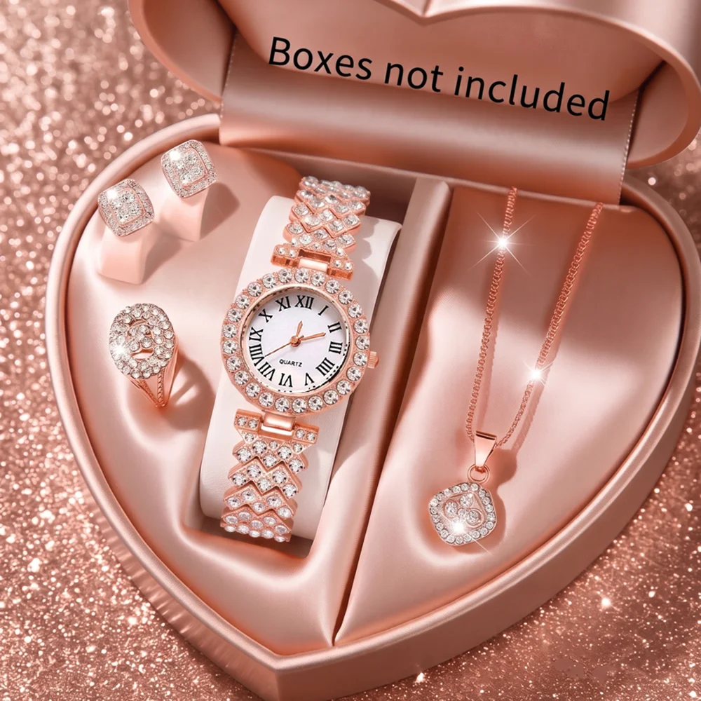 5Pcs/Set Unisex Jewelry Watches Women's Wristwatch Accessories Rose Gold Fashion Business Elegant Trendy Classic Exquisite Retro Light Luxury Rhinestone Luxury Bracelet Watch Set Y2K Suitable for Travel, Vacation, Parties, Daily Outfits, and Our Holiday Gifts
