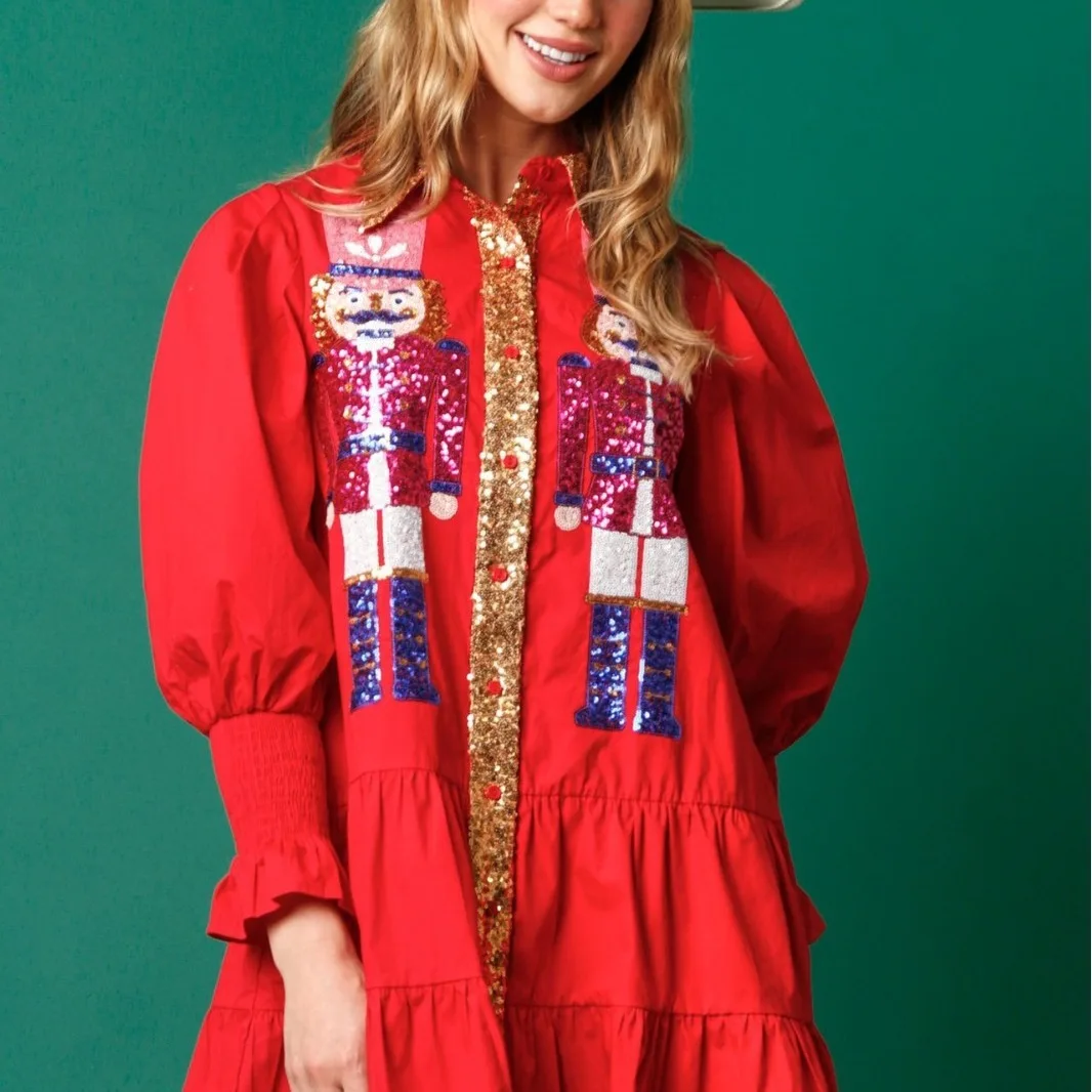 

Women Shiny Sequin Sleeve Dress Loose Christmas Mini Dress Cartoon Print Casual Long Sleeve Loose Shirt Dress