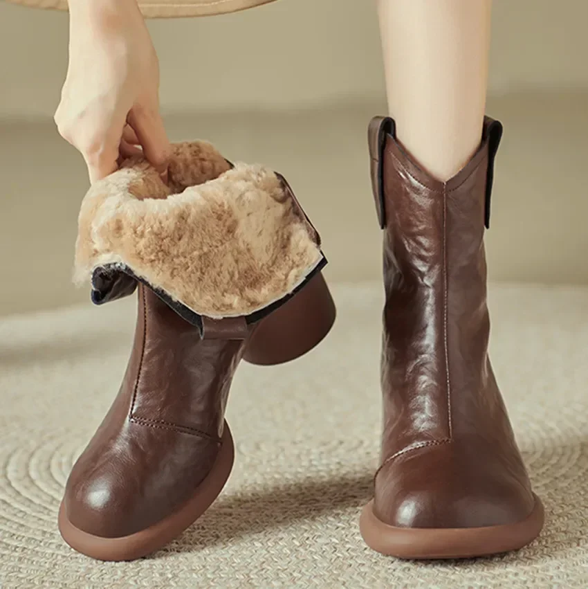 

【ENMAYER】2024 New Arrival Genuine Leather Boots Women Back Zipper Platform Ankle Boots Nature Wool Warm Winter Snow Boots