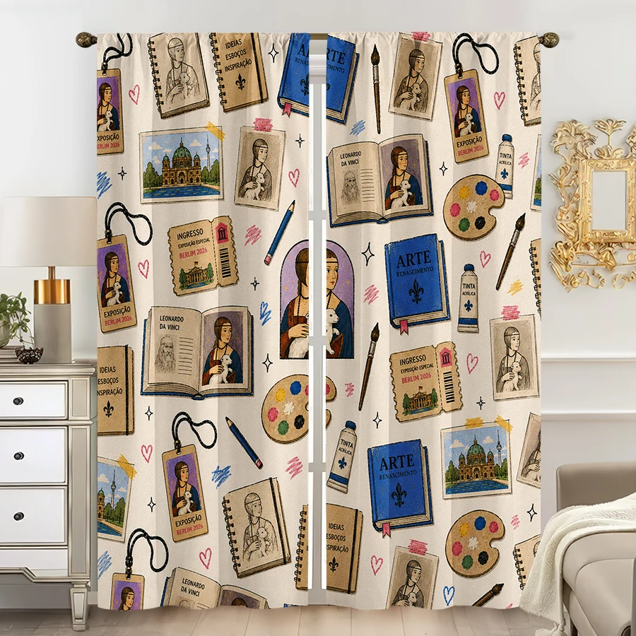 2PCS Curtains, Vintage Scrapbook Seamless Print With Da Vinci's Lady With Ermine Pattern, Sketch Notebook, Renaissance Art Books