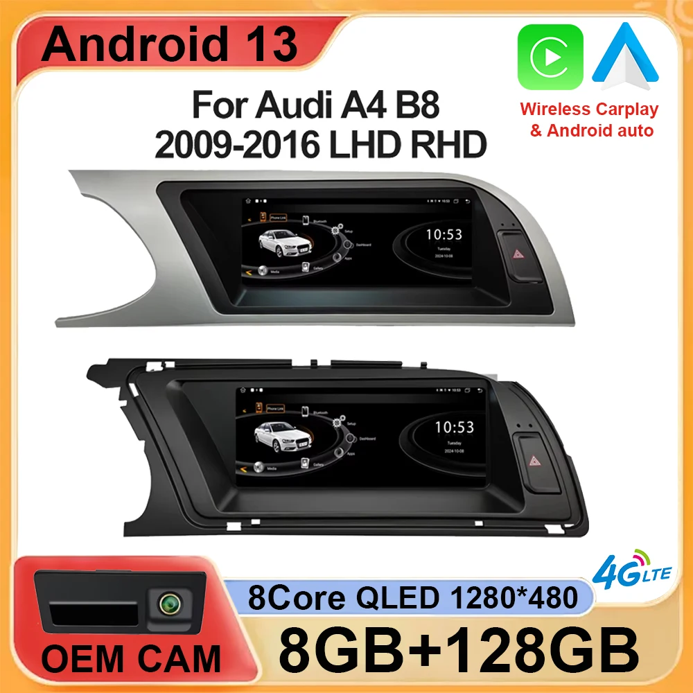 8.8 inch Android 13 Car Multimedia Radio Player Wireless Carplay For Audi A4 B8 2009-2016 4G Wifi 8 Core CPU GPS Navigation