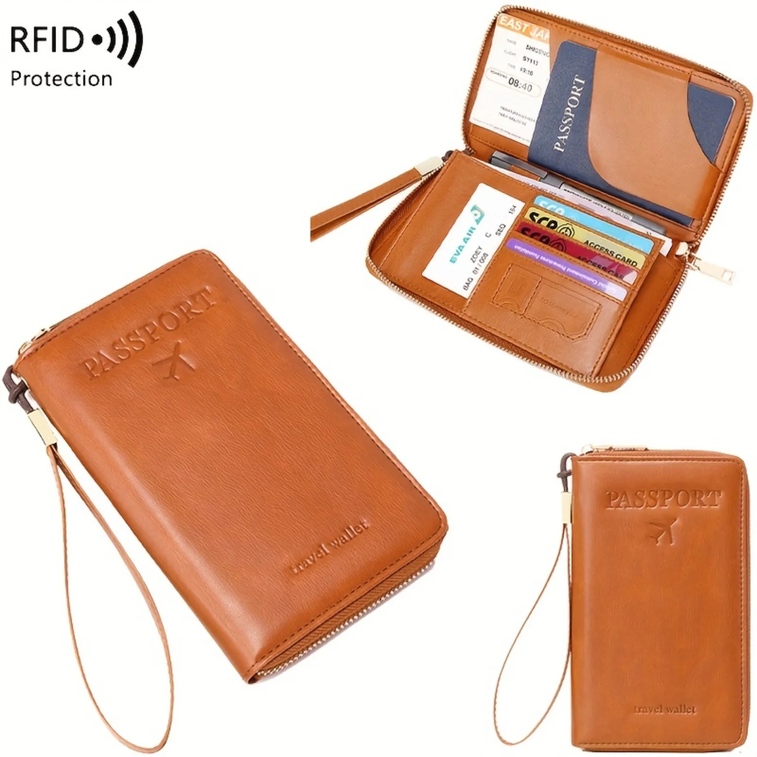 RFID Passport Holder with Zipper Pocket & Wrist Strap - Solid Color Multifunctional Travel Wallet