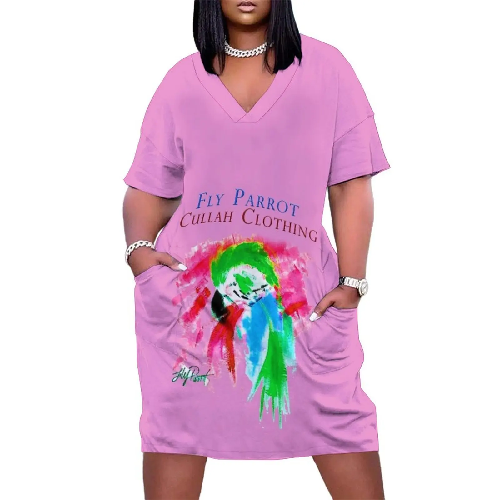 

Parrot art painting colorful original Pastel Loose Pocket Dress Evening gown elegant women's sets cocktail dresses