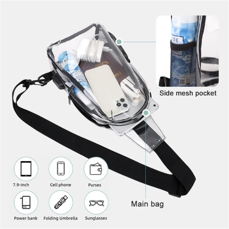 

X5XA Fashionable Black See Through Shoulder Bag Practical PVC Crossbody Bags Fashion Chest Bag For Daily Use