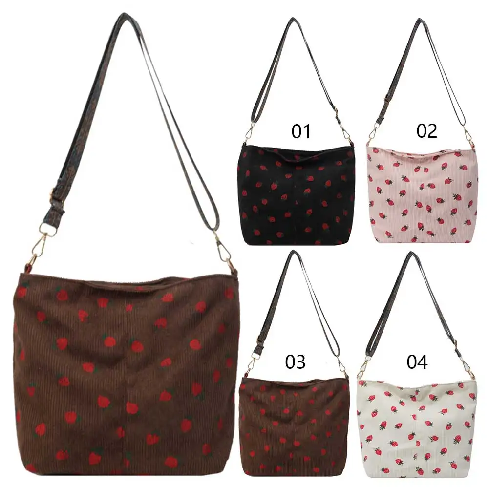 

Women Aesthetic Crossbody Bag Large Capacity Corduroy Cute Printing Satchel Bag Strawberry Pattern Sling Bag Female Travel Bag