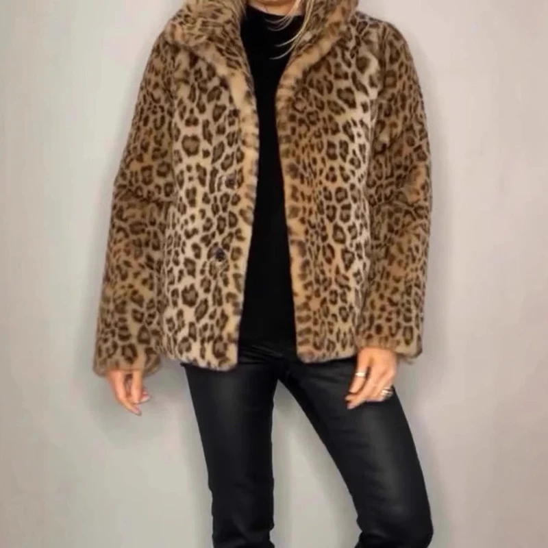 

2025 Winter Ladies' Coat Fashion Leopard Print Lapel Imitation Fur Woolen Coat