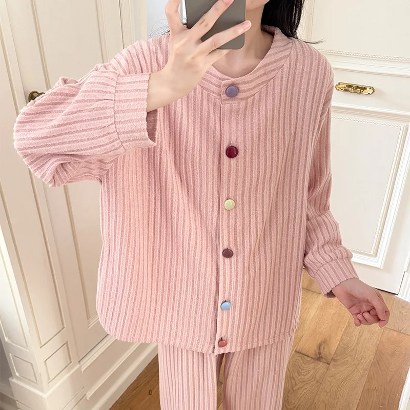Spring Autumn Woman Fleece Stripe Long Sleeve Pajamas Lady Soft Comfortable Loungewear Women Loose Solid Color Homewear Set Girl