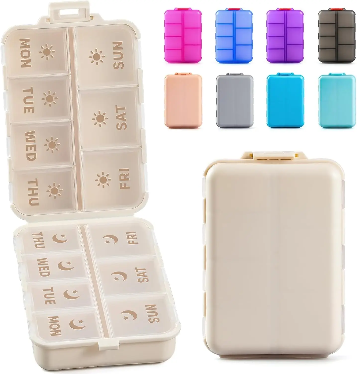 

Foldable Weekly Pill Organizer 2 Times/Day, AM PM 7 Day Medicine Box with Etched Labels, Travel Pill Case for Vitamins & Supplements - Khaki
