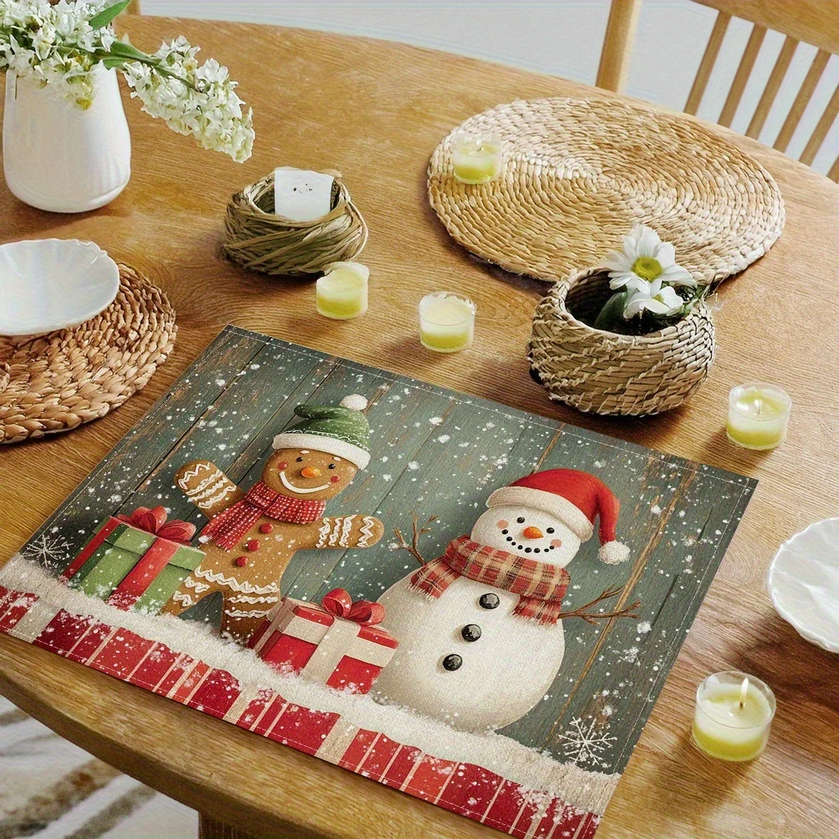 

VIKAMA Рождественский пряничный человечек Снеговик Подставка для столовых приборов Водонепроницаемая жиронепроницаемая и легко чистящаяся подставка для столовых приборов с милым мультяшным узором