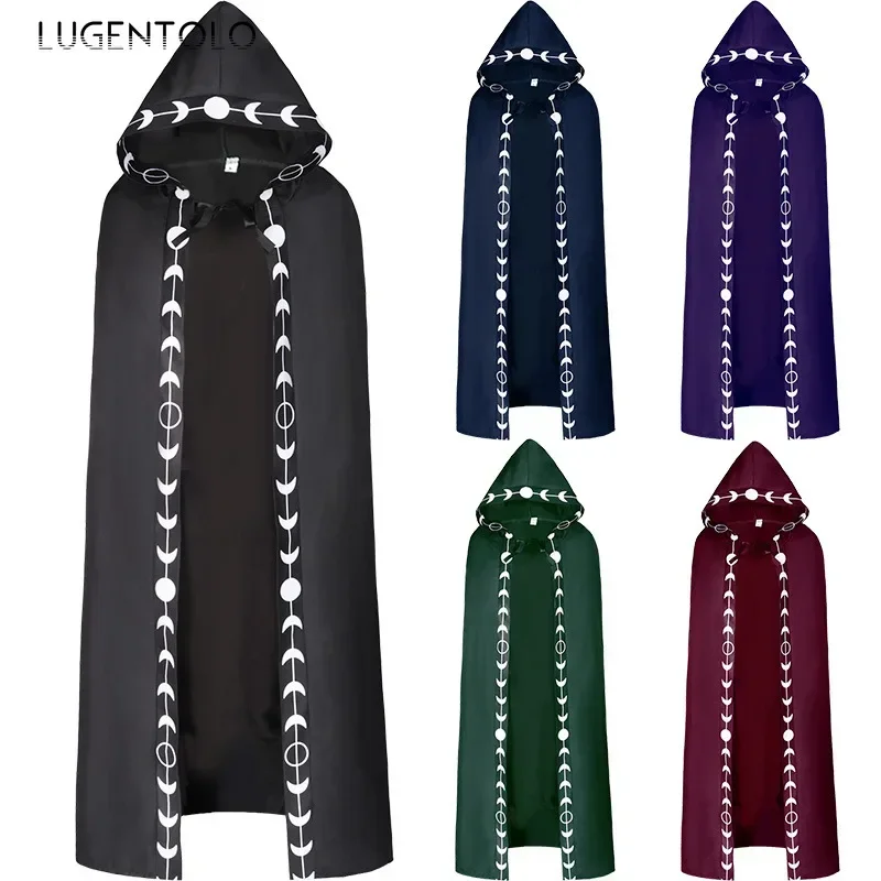 Women Hooded Halloween Capes Medieval Renaissance Lace-up Print Long Coat Men Party Retro Casual Thin Clothing