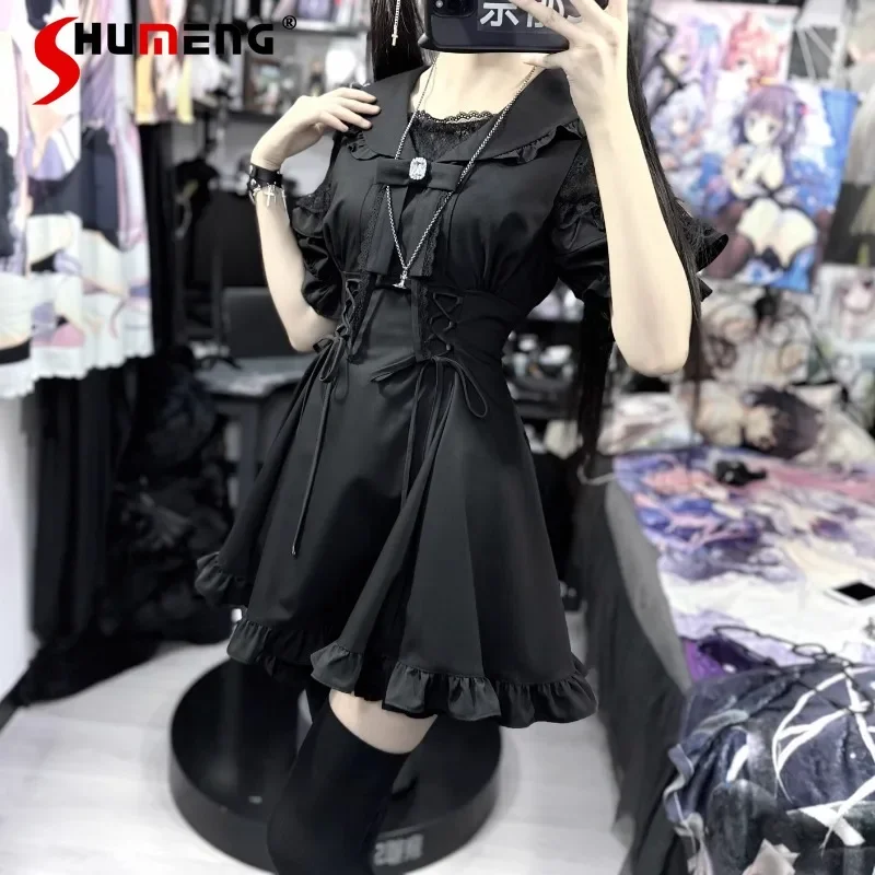 Summer 2024 Japanese Mine Series Lace Black Panel Sailor Collar Short Sleeves Waist-Controlled Mass-Produced Suit 2-Piece Sets