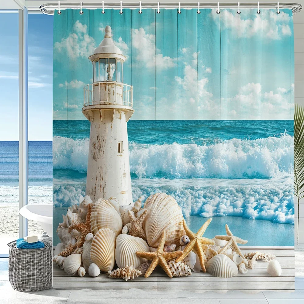 Blue Ocean Beach Seaside lighthouse view Shower Curtain, Bathroom Decorative Shower Curtains, Home Curtain with Hooks