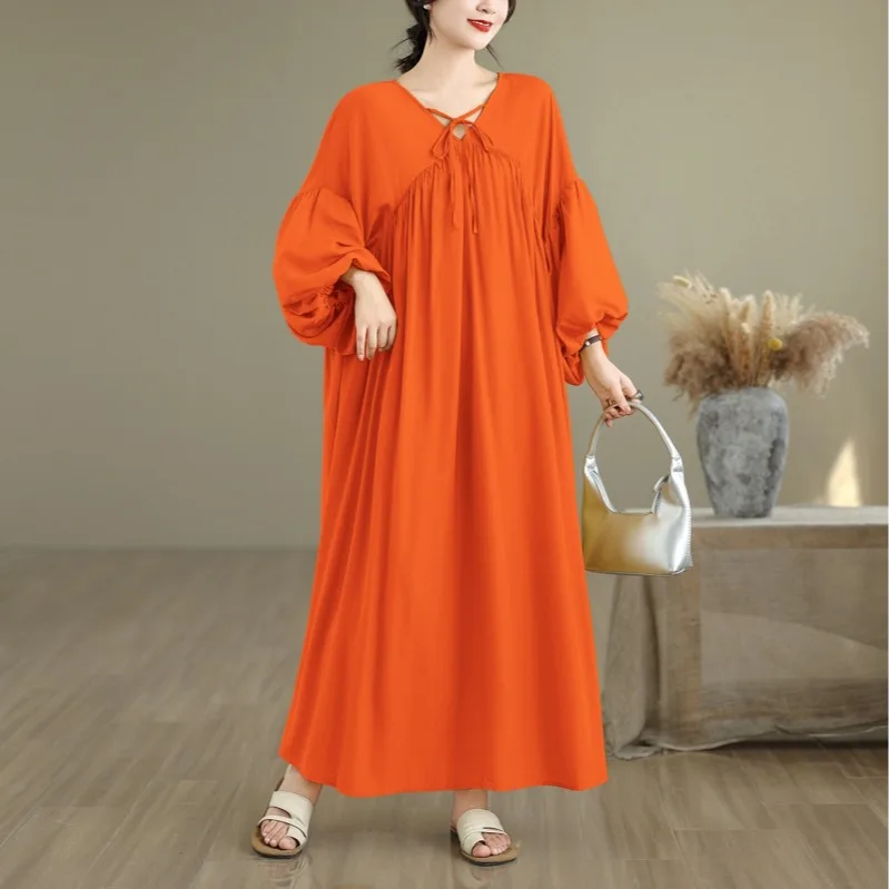 ชุดเดรสทรงเอ ผ้าชีฟองเนื้อนุ่ม สีพื้น ยาวคลุมเข่า ทรงหลวม สไตล์ลำลอง เหมาะสำหรับใส่ไปทำงาน  ผ้าใยทองแดงผสมแอมโมเนีย ทรงกลม  รุ่น Ne A-Line Dr