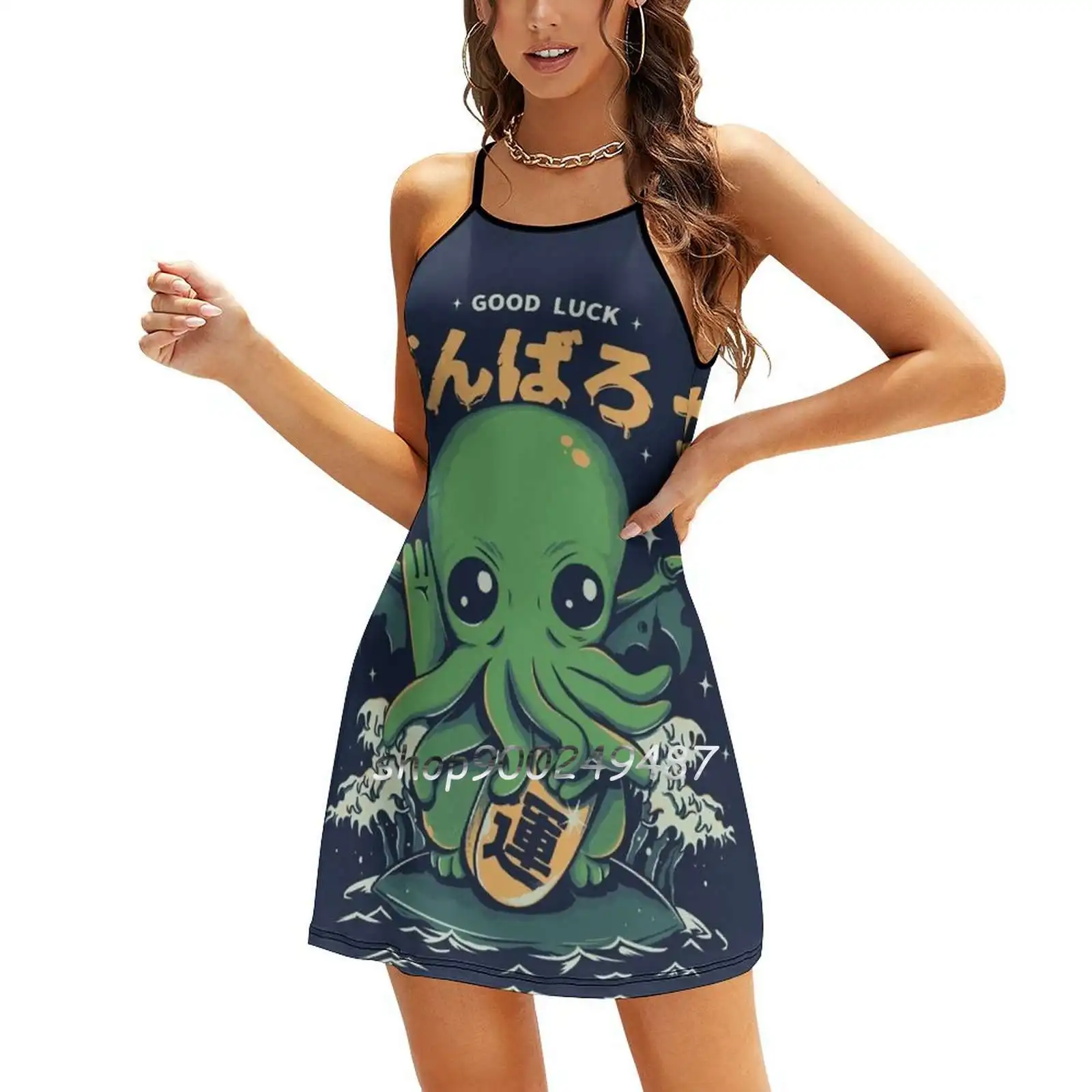 Good Luck Cthulhu Square Neck Dress Sweet Summer Dress Women Elegant Halter Print Dress Monster Cthulhu Lucky Lovecraft Neko