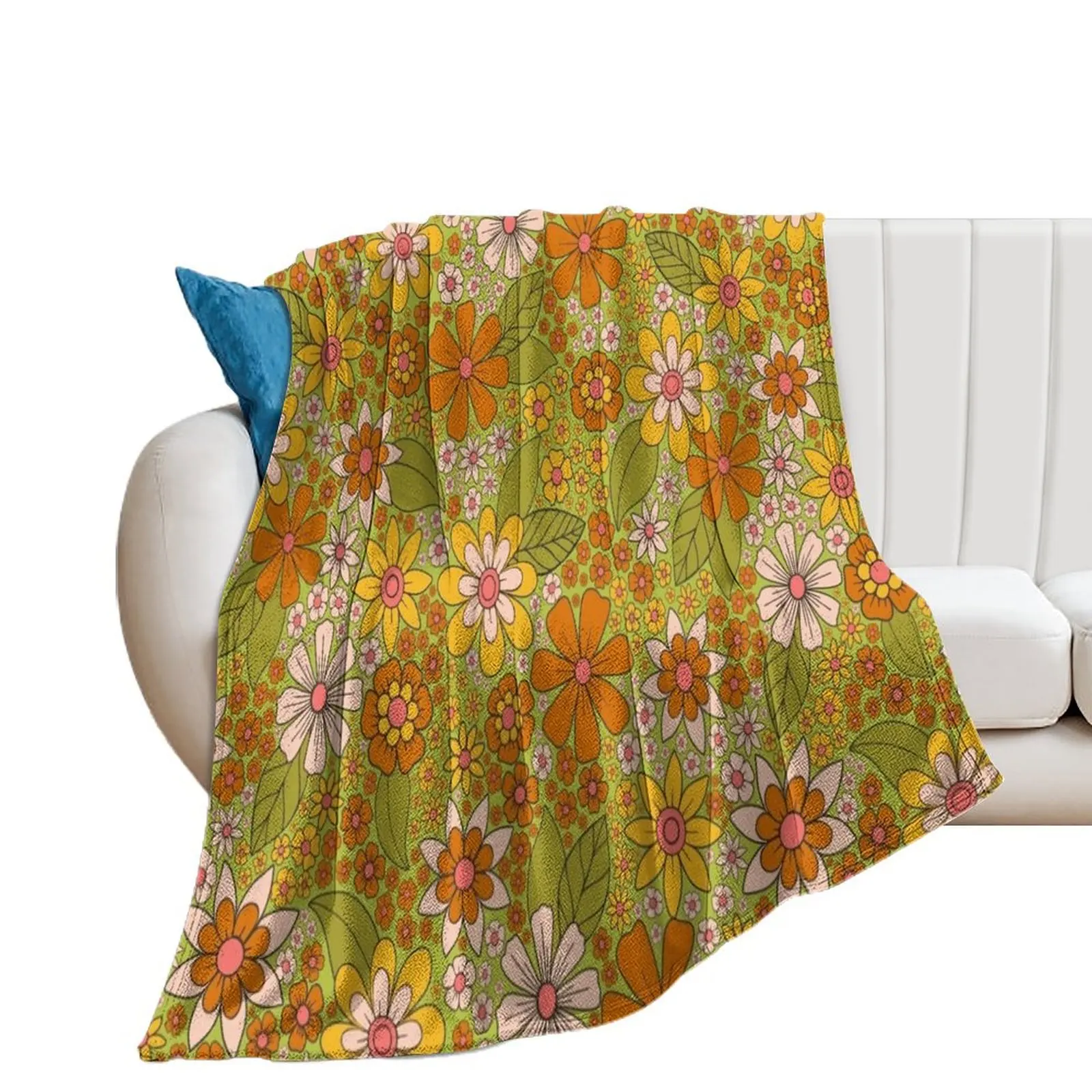 

1960s, 1970s Retro Floral in Green, Pink & Orange - Flower Power Throw Blanket For Sofa Thin Bed linens Kid'S Blankets