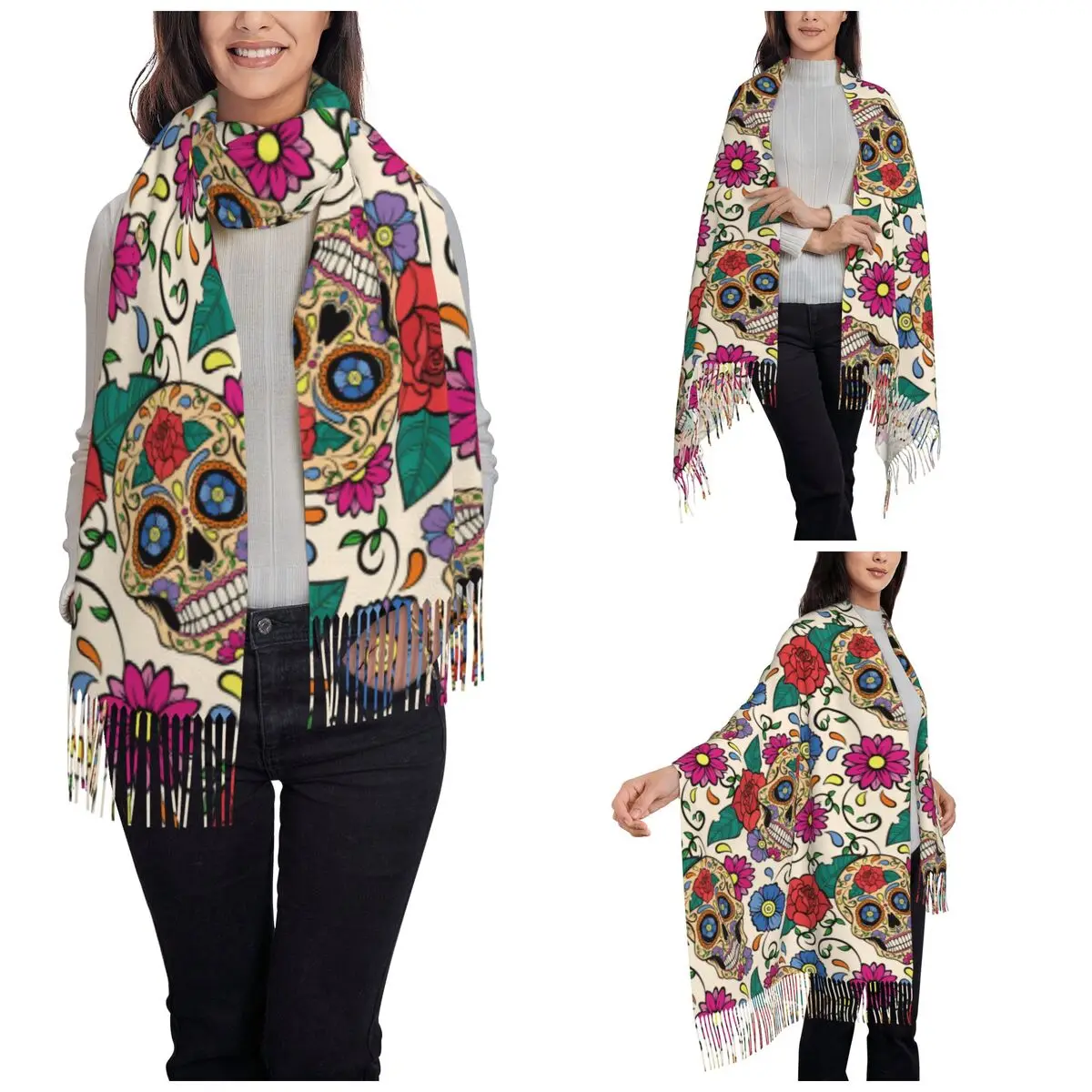 Women\'s Tassel Scarf Sugar Skull Rose Mexican Large Winter Warm Shawl Wrap Day of the Dead Halloween Reversible Pashmina Scarves