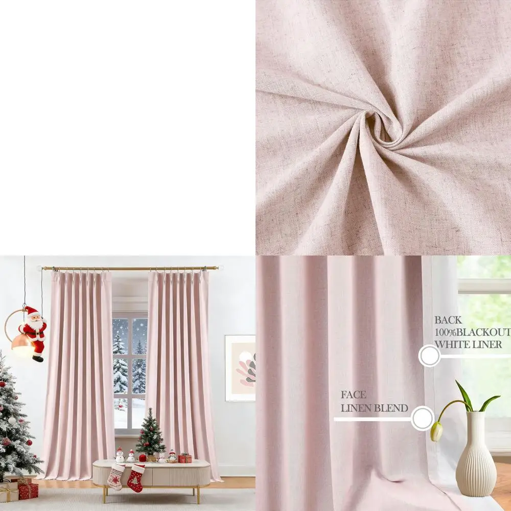 

Soft Pink Pinch Pleat Blackout Curtains, 40W x 84L, Linen Blend, Room Darkening, Thermal Insulated with Hooks (Set of 2)
