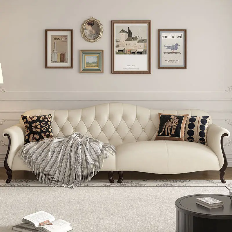 Cream modern leather four-seater sofa with solid wood frame, suitable for living room and bedroom decoration