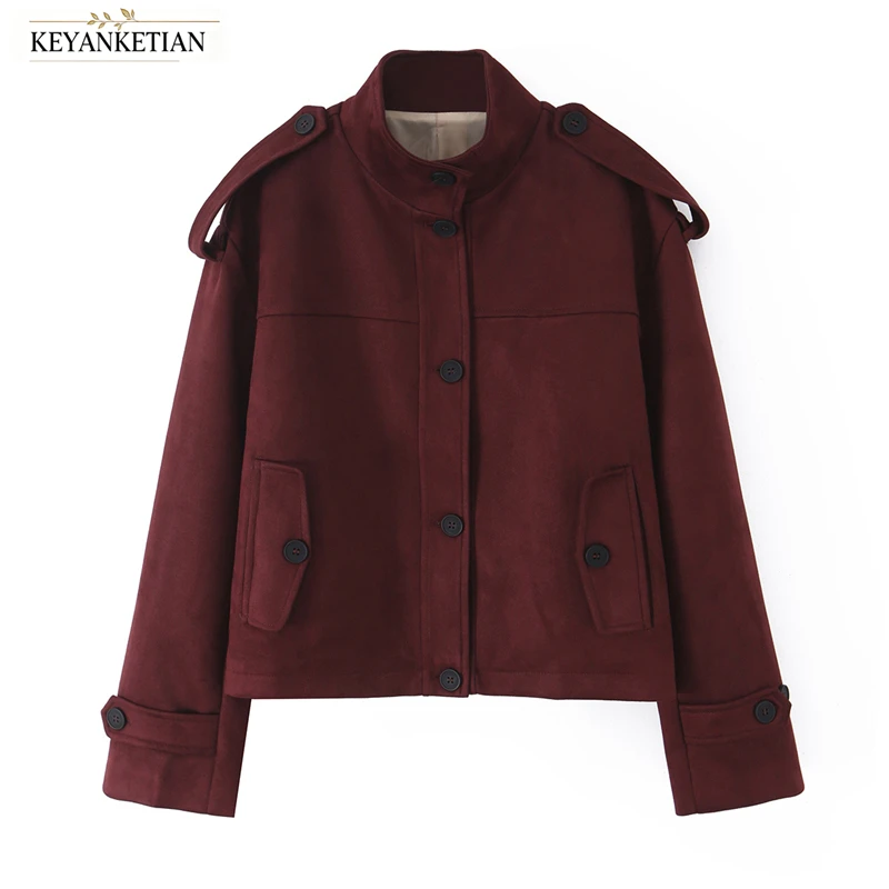 KEYANKETIAN 2026 Retro Wine Red Suede Short Coat Stand Neck Epaulet Detail Button Closure Double Pocket Women Outer Jacket
