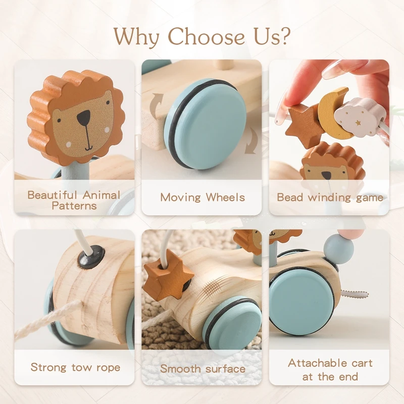 Wooden Baby Rope Trolley Puzzle Round Bead Brain Game Baby Wooden Children\'s Block BPA-free Organic Beech Animal Shape Baby Gift