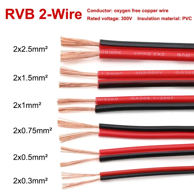 1M-100M RVB 2-Wire Electric Cable Strand 0.3/0.5/0.75/1/1.5/2.5mm2 Electric Cable Vehicle Line Car Cable Flat Twin Red/Black