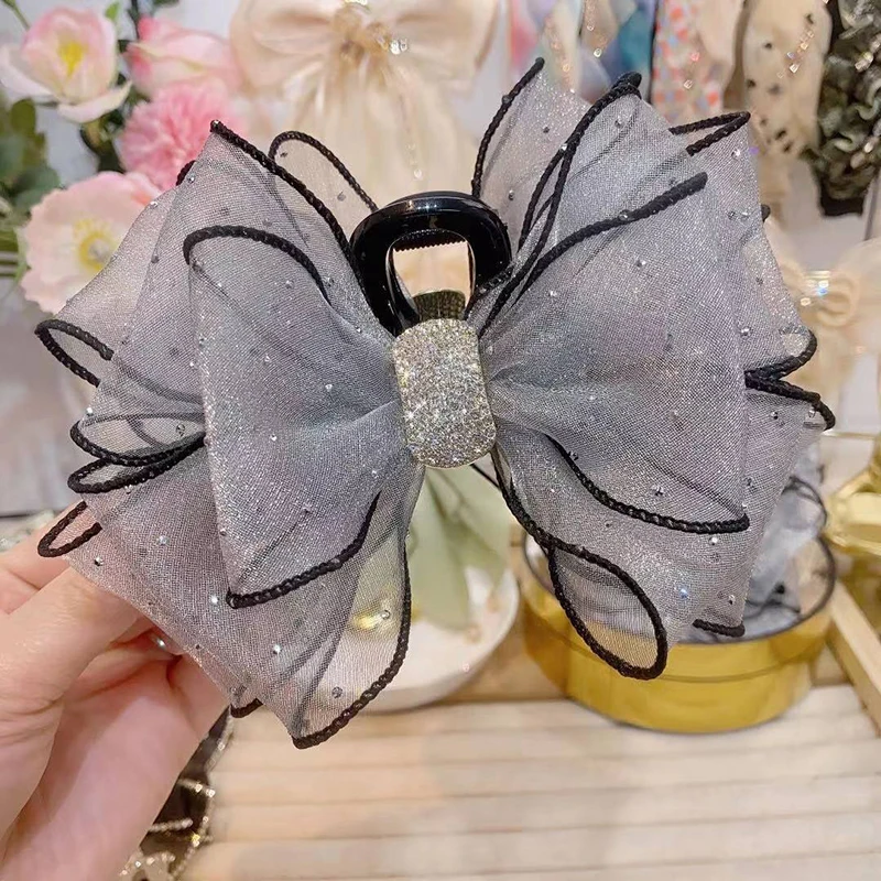 Korean Style Mesh Bow Rhinestone Hair Claw Vintage Elegant Hair Clamp Hairpin Shark Clips For Women Fashion Hair Accessories