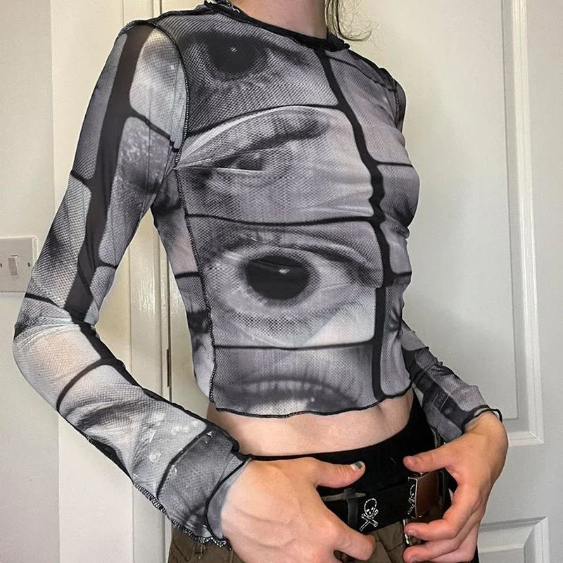 Hikigawa Chic Fashion Women Gothic Eyes Peint Patchwork Mesh Translucent Long Sleeve T-Shirts Streetwear Harajuku Crop Y2k Top