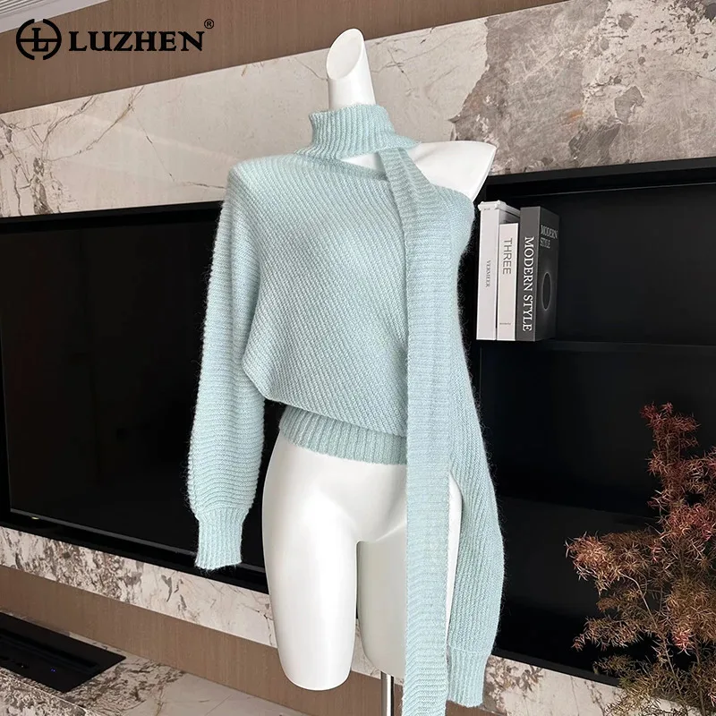 LUZHEN 2024 New Solid Color Slant Shoulder Long Sleeve Knitted Pullover Women's Original Elegant Scarf Decorate Sweater AA2771