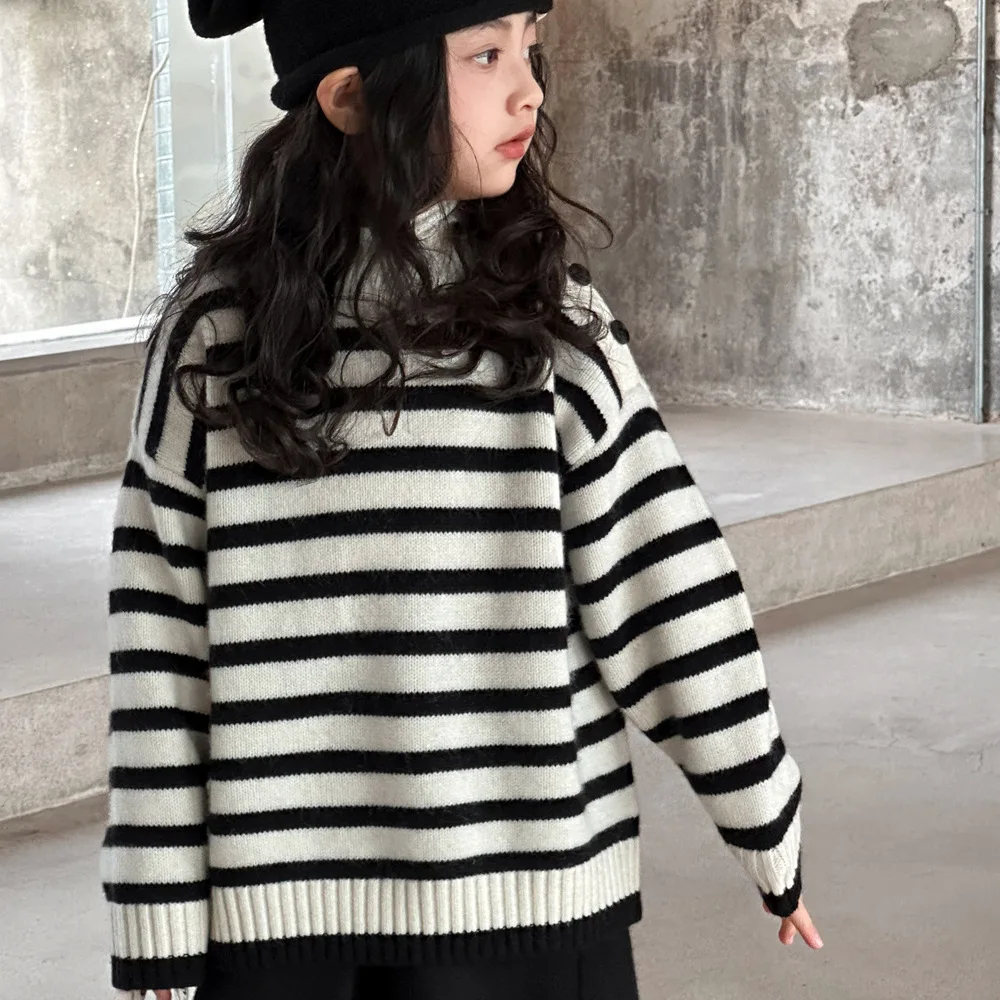 Girls Sweater 2024 Summer New Childrens Wear Korean Large Childrens Sweater Crewneck Pullover Foreign Style Striped Base Shirt