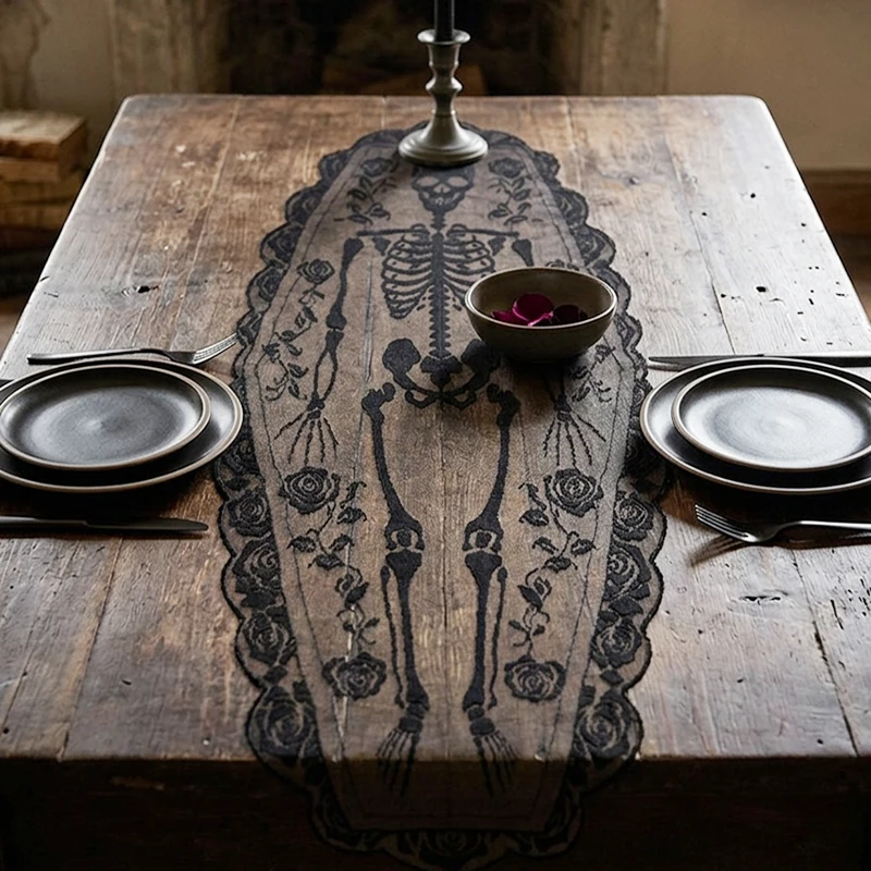 1pc Halloween dark skeleton table flag, rose lace trim, haunted house party table decoration cloth