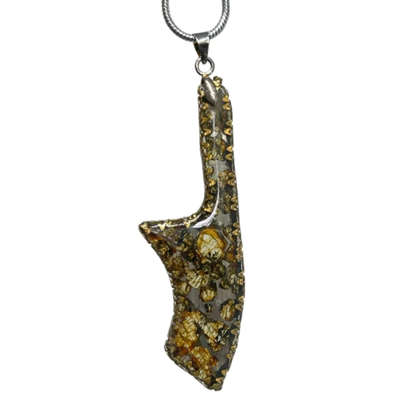 Kenya Natural Sericho Pallasite Meteorite Pendant Handcrafted Gold Decor Edge Cosmic Mineral Jewelry Necklace TB298