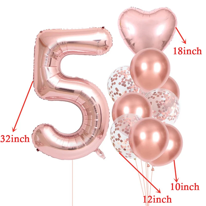 10pcs Rose Gold Number Heart Foil Balloons Happy Birthday Party Decorations Kids Girl Boy 1 2 3 4 5 6 7 8 9 Year Old Supplies