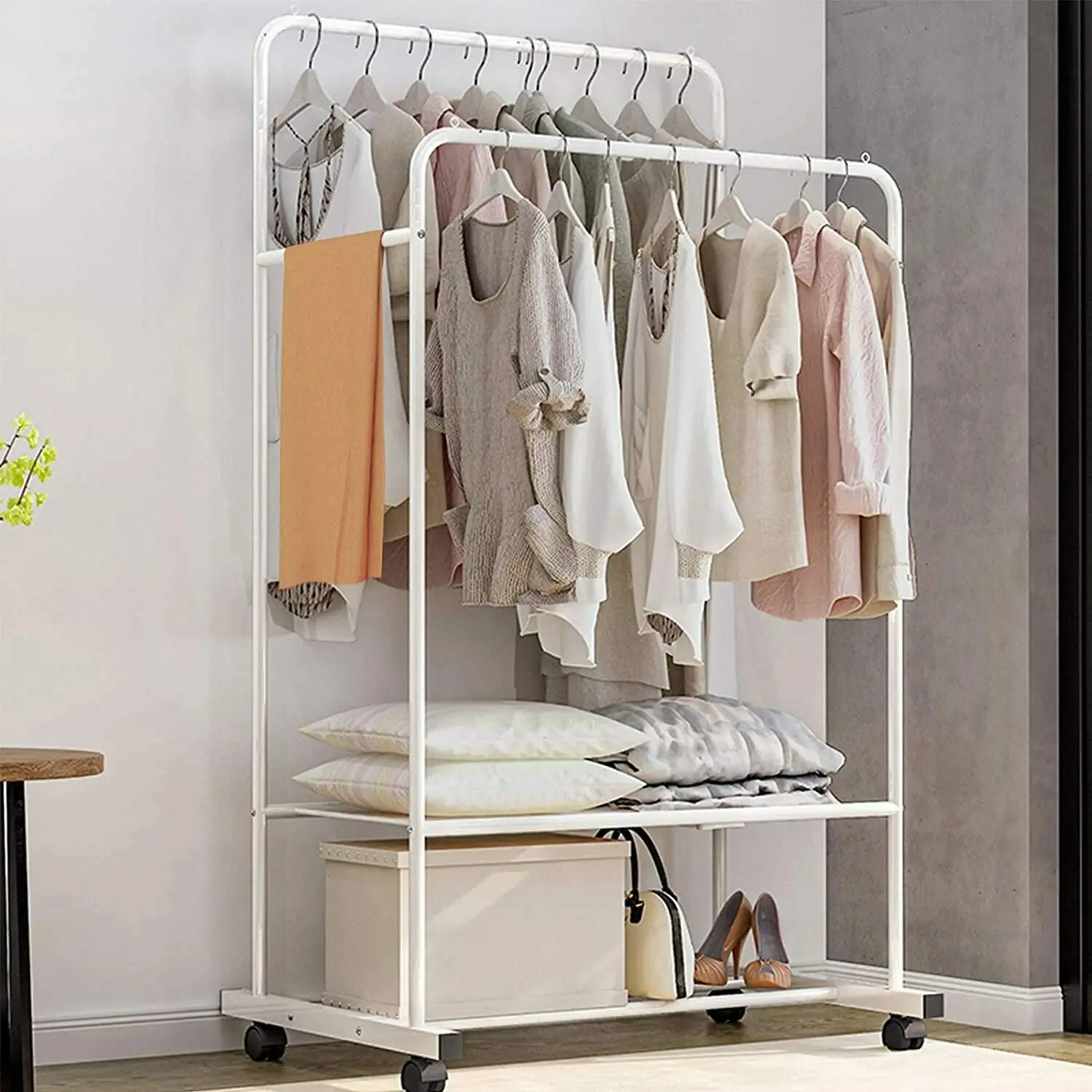 1.5m Large Clothes Rack Double Rail Rolling Stand Shoes Rack Storage Shelf White
