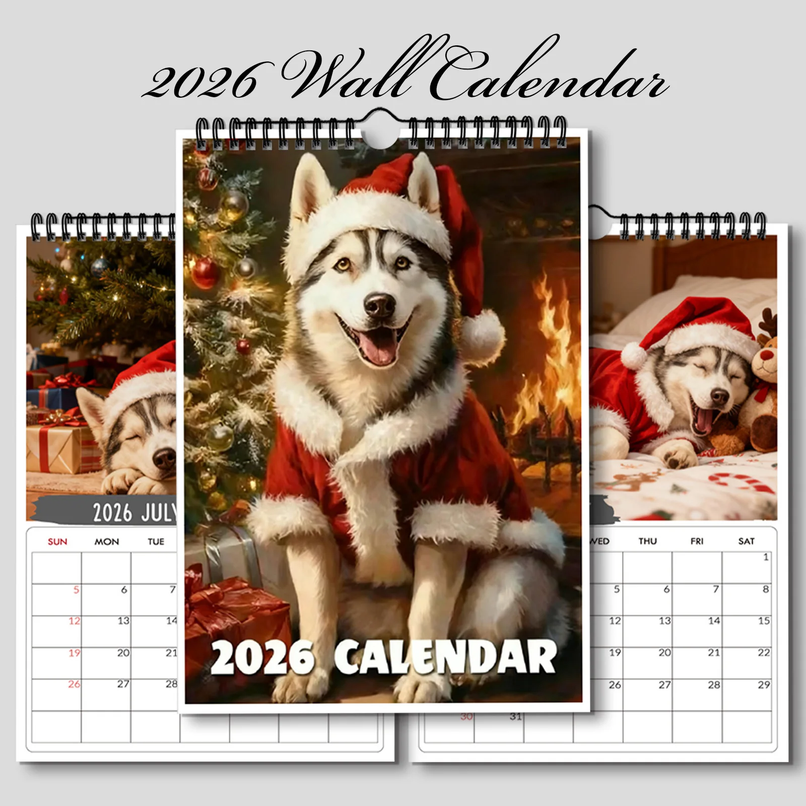 ปฏิทินแบบเกลียว 1 ชิ้น ปี 2026 ลายธีมซานต้าฮัสกี้ เหมาะสำหรับตกแต่งผนังห้องนั่งเล่นที่บ้าน ตกแต่งสำนักงาน เหมาะสำหรับเป็นของขวัญในช่วงเทศกาล