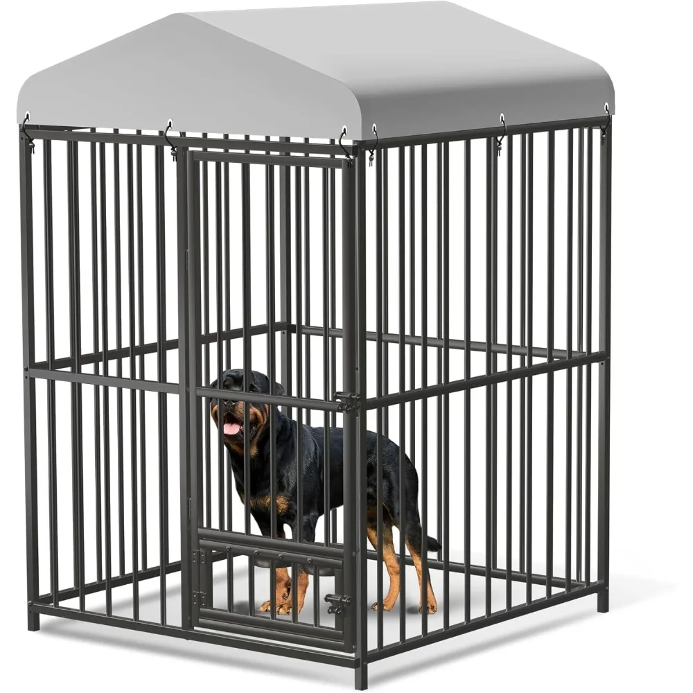 

Large Outdoor Dog Kennel (4x4x6ft) - Heavy Duty Metal Dog Cage with Rotating Feeding Bowl, Waterproof Roof Cover & Lock, Weather