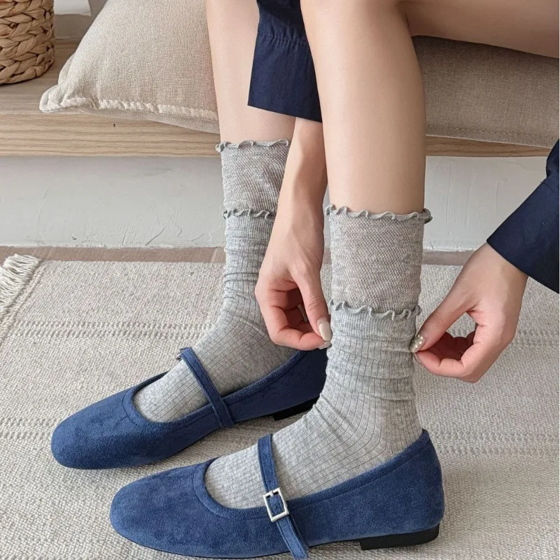 Double Layer Ruffle Stacked Socks Women New Loose Top Korean Fashion Ins Style Calf Sock Casual Trendy Breathable Mid-Cute Daily