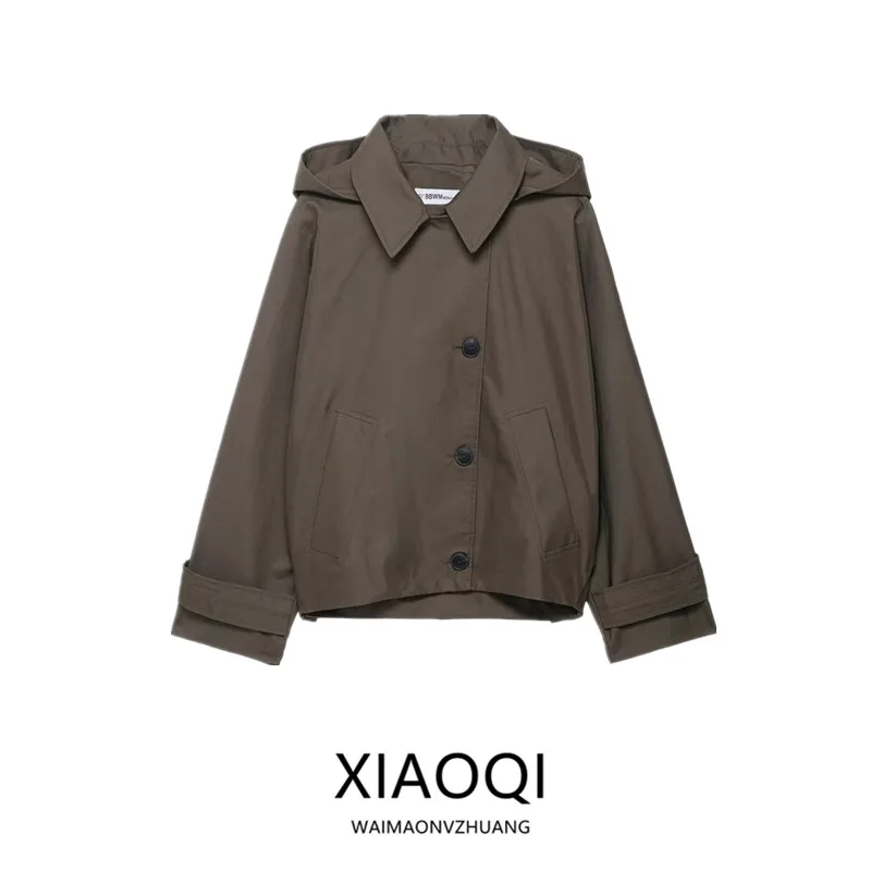 Waterdichte casual losse dameswindjack met capuchon Jaet 2025, herfst nieuwe collectie, enkele knoopsluiting, lange Sve