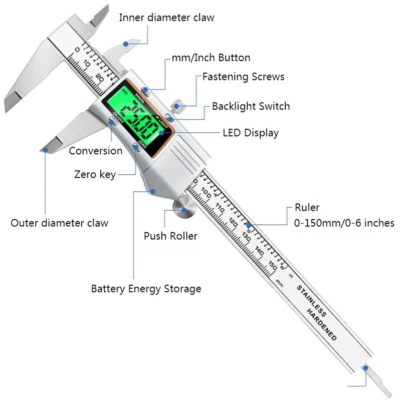 Calibrador Digital de acero inoxidable LCD de 150mm con retroiluminación, calibrador Vernier electrónico, regla micrométrica de 6 pulgadas, herramienta de medición
