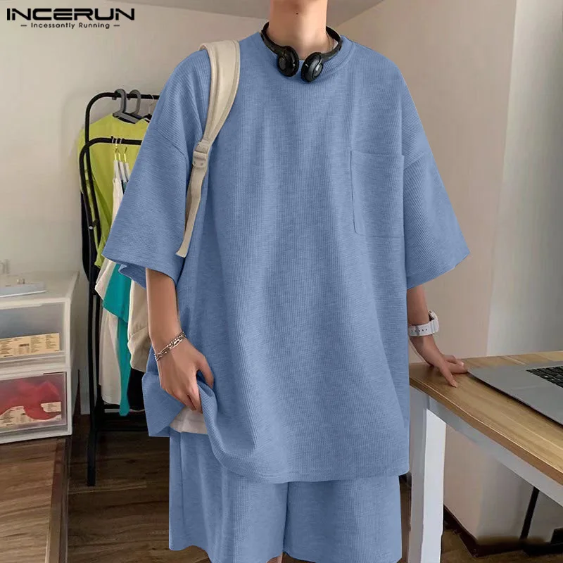 

INCERUN 2024 Korean Style New Men's Sets Medium Sleeved T-shirts Shorts Casual Simple Loose O-neck Texture Two-piece Sets S-5XL