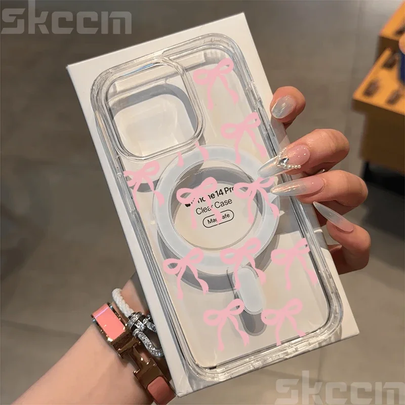 Funda magnética Magsafe con lazo rosa y azul para iPhone 16, 15, 14, 13, 12, 11 Pro Max X XR XS 7, 8, 16 Plus, cubierta dura transparente con carga inalámbrica