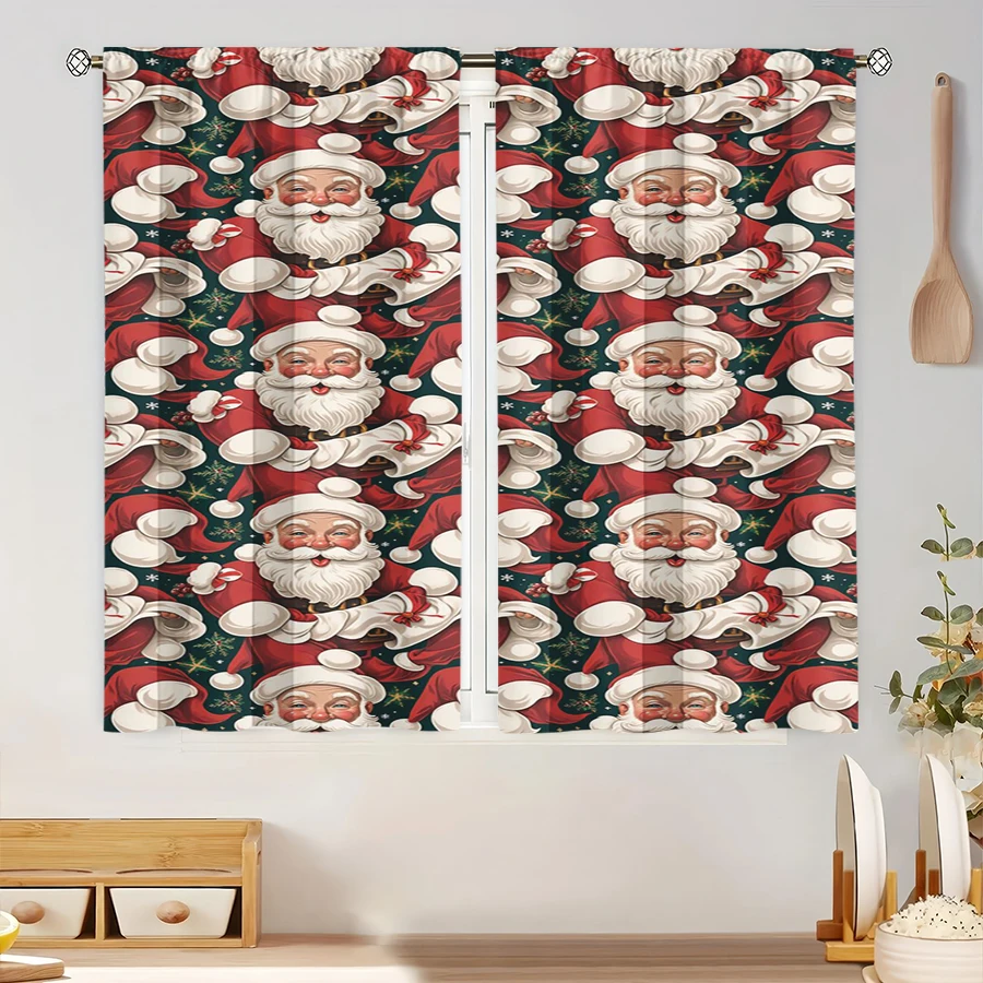 2PCS Digital Print Curtain, Santa Claus Face Repeating Pattern on Dark Green Background, Classic Christmas, for Bedroom Decor