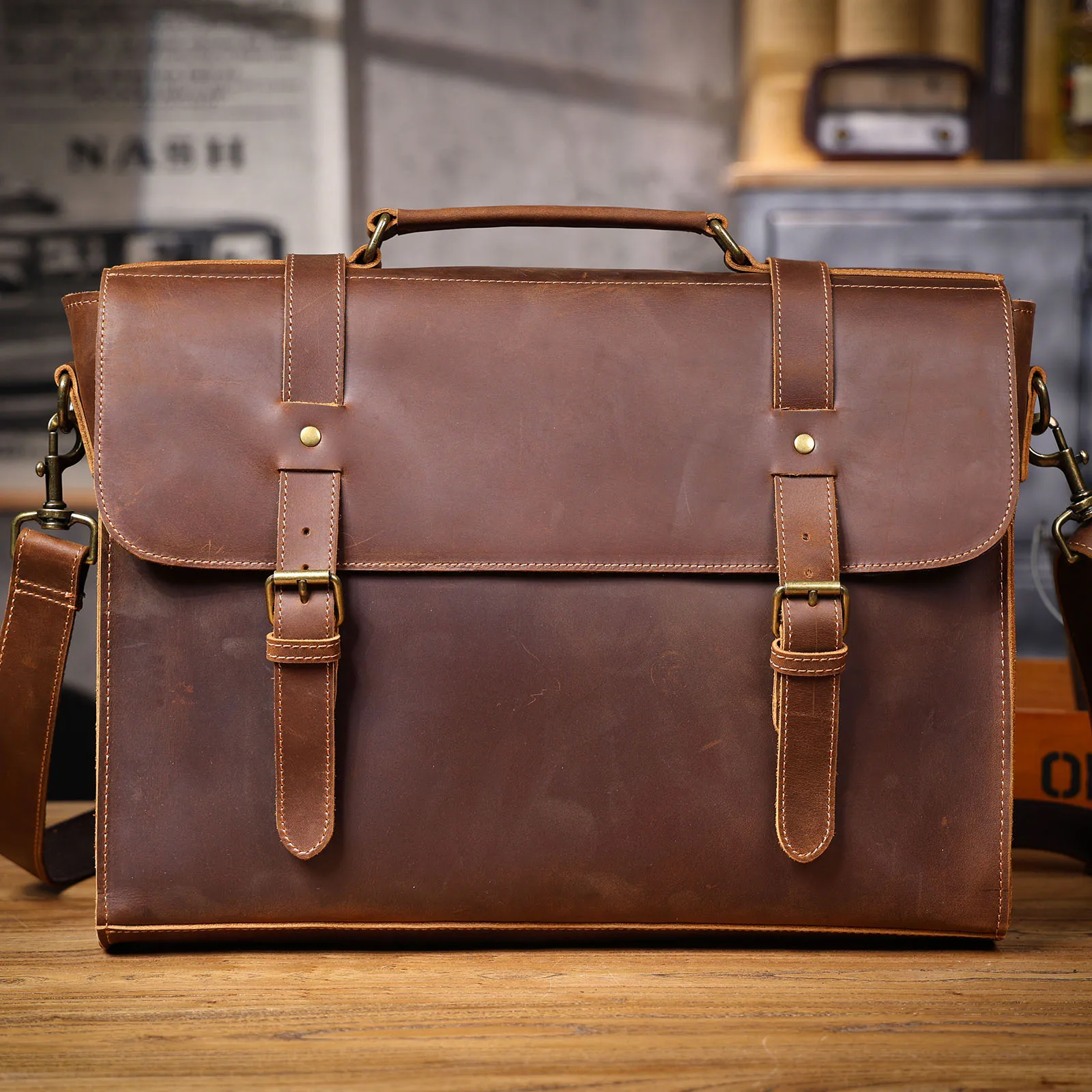 S.WORKER Vollnarbenleder 15" Laptop-Aktentasche Echtleder Herren Büro-Handtasche Messenger-Tasche Business-Bürotasche – Detail 27