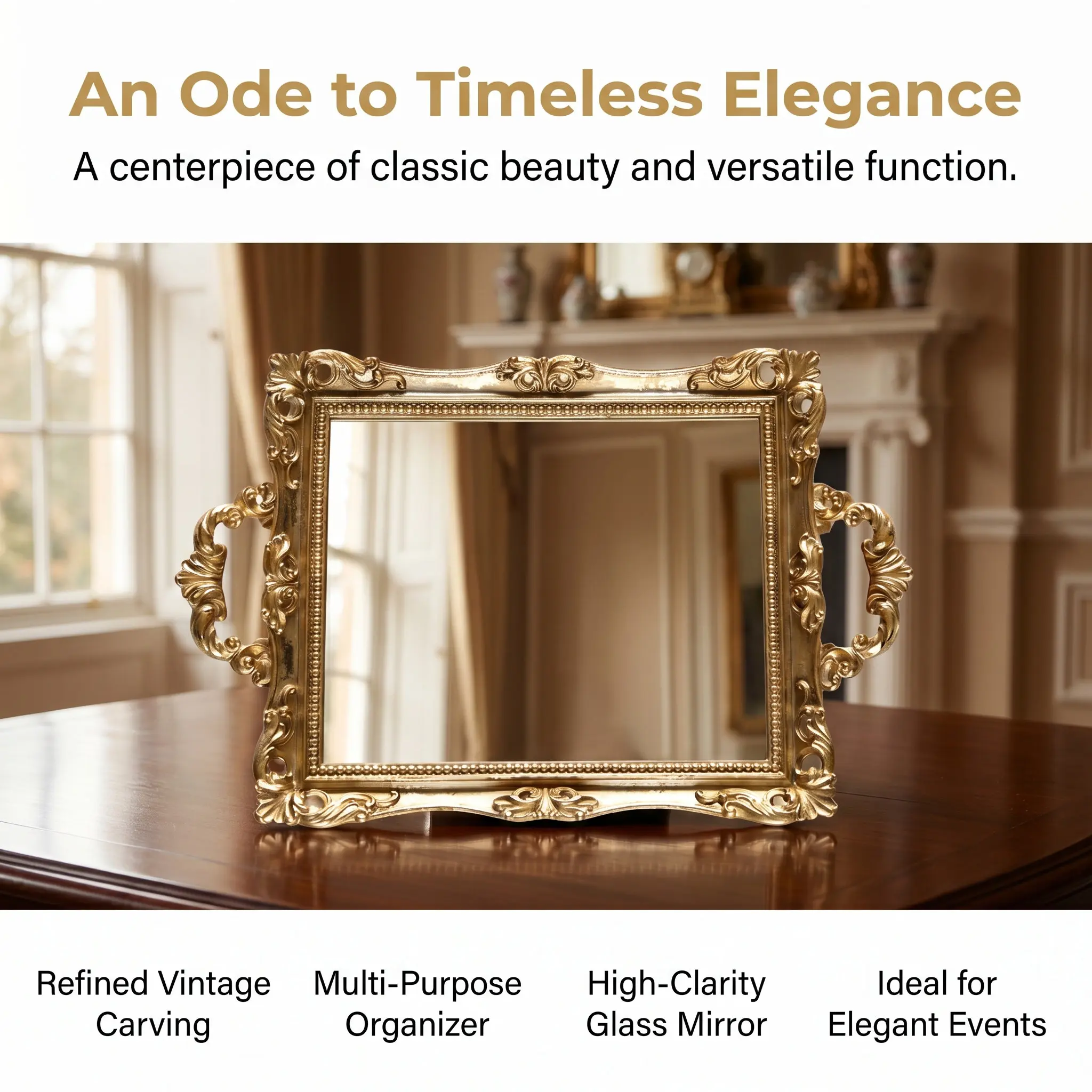 1Pcs Elegant Vintage Carved Mirror Tray Nordic Style Resin and Glass Material Perfume Fruit Storage Tray Wedding Party